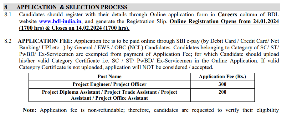 BDL Recruitment 2024 Application Fees