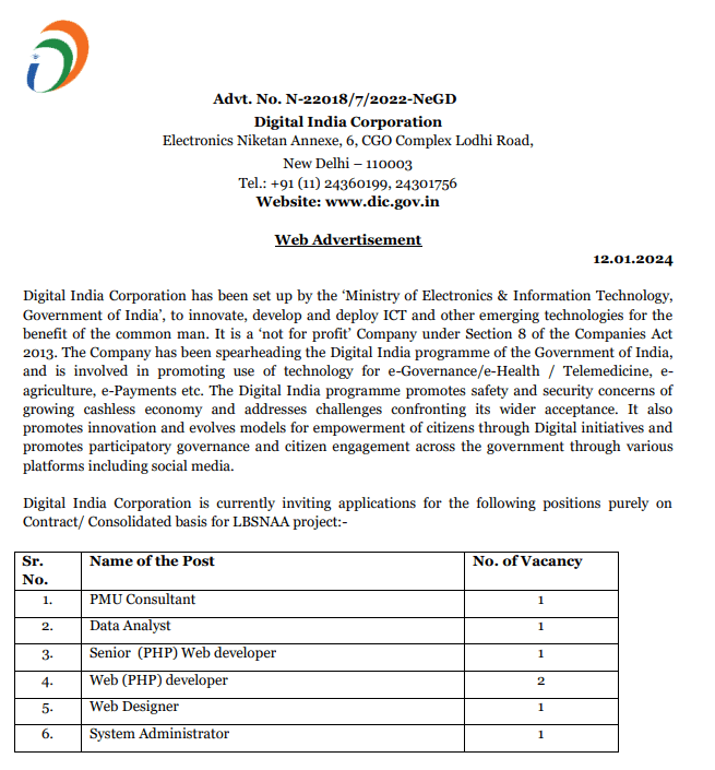 Digital India Corporation Recruitment 2024