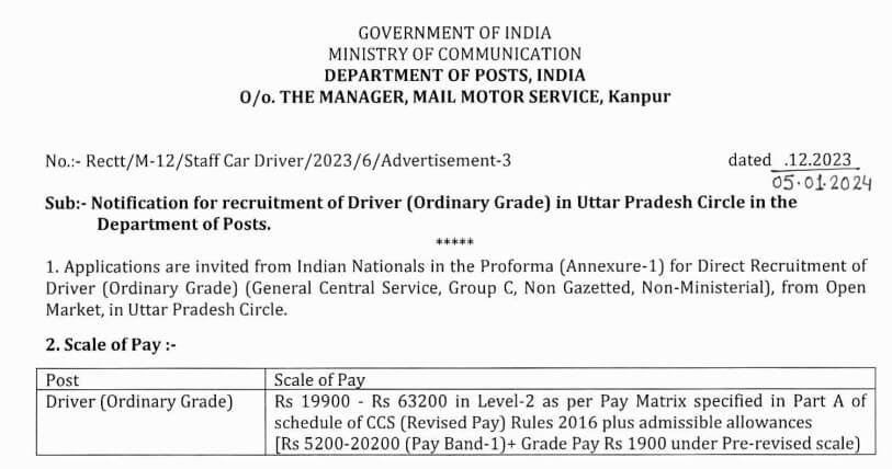 India Post Driver Recruitment 2024 offline Form