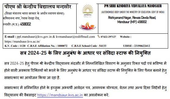 Mandsaur KVS Recruitment 2024 Notification PDF