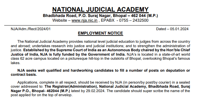 National Judicial Academy Bhopal Recruitment 2024