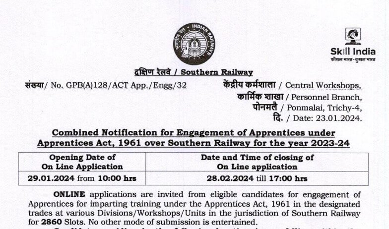 Southern Railway Recruitment 2024 Notification PDF