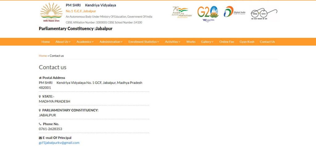 KV GCF No 1 Jabalpur Contact Number & Address