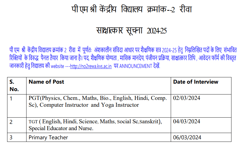 KVS Rewa Recruitment 2024 Notification